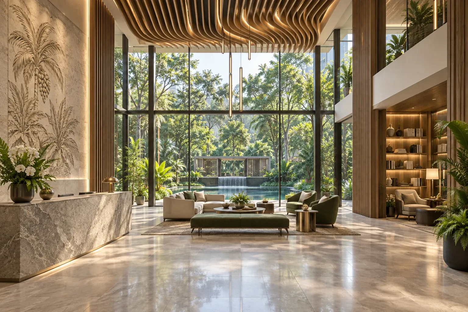 Artistic impression of a double-height arrival lounge with a stone counter, timber ceiling and full-height glass opening to a water feature and gardens