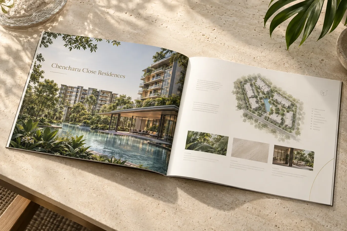Artistic impression of a project e-brochure lying open on a stone table, showing a cover render and an interior spread with a site plan