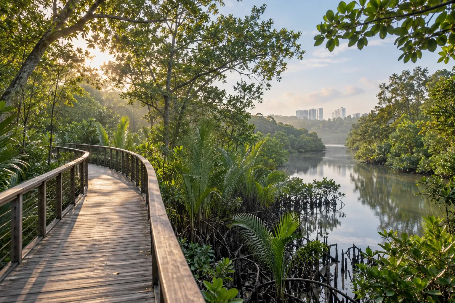 Artistic impression of a timber boardwalk running through mangrove and waterside planting at sunrise