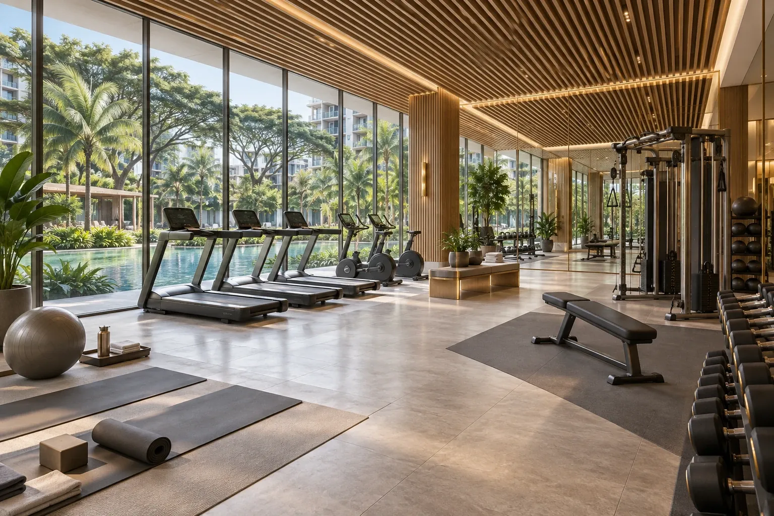 Artistic impression of a gym with treadmills and free weights beside full-height windows facing tropical planting