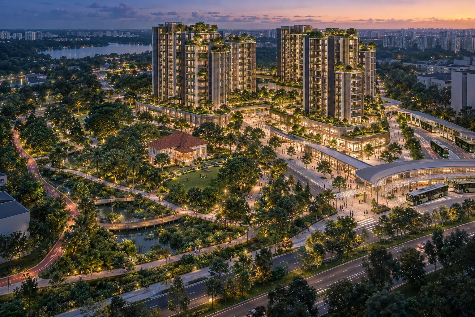 Artistic impression of an integrated development at dusk, with residential towers above retail floors, a bus interchange and a landscaped park