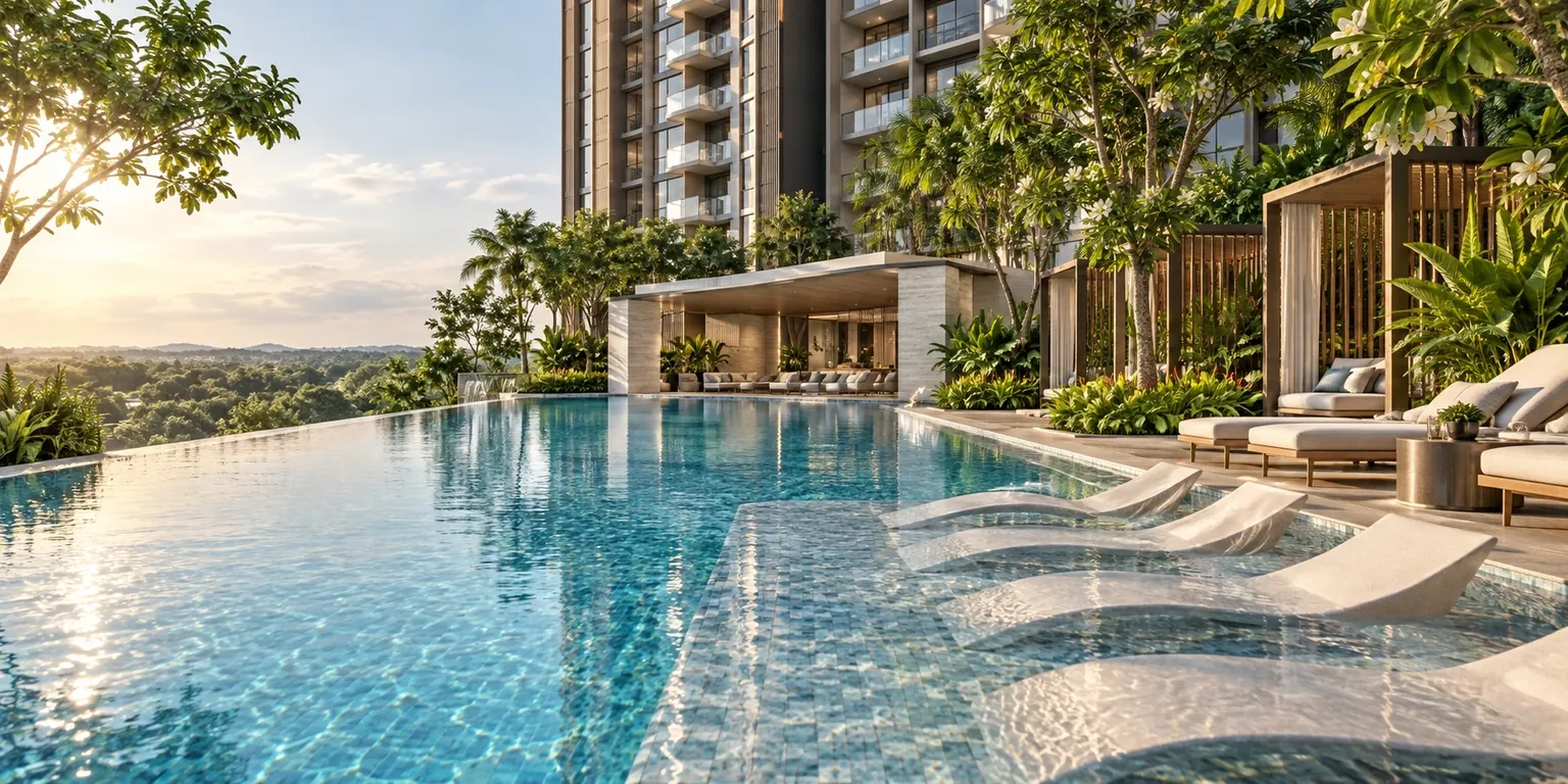 Artistic impression of a long pool deck lined with cabanas and frangipani trees, with a residential tower behind