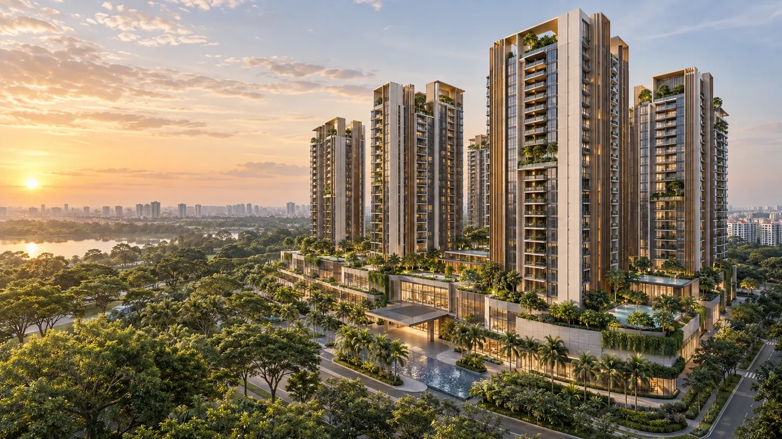 Artistic impression of residential towers above landscaped terraces at sunset, with a reservoir and the northern skyline behind